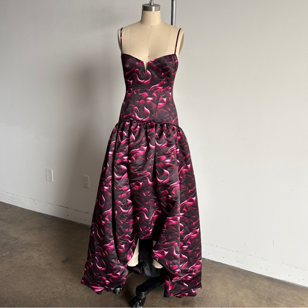 NWOT BCBGMaxAzria High Low Satin Dress in Black and Pink Sz 4